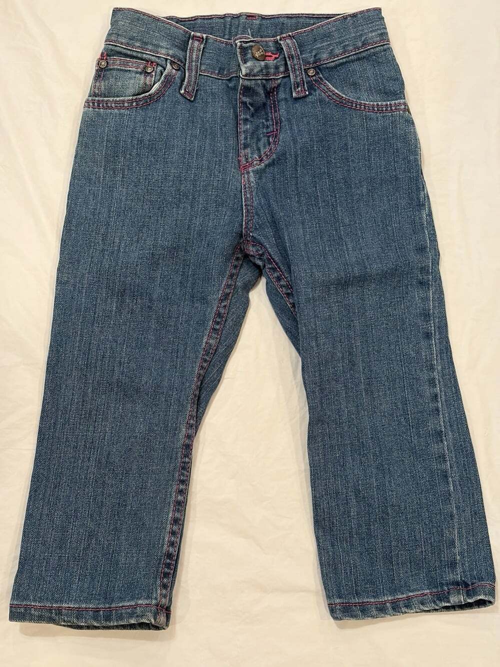 Wrangler Denim Jeans Toddler Girls 24M Blue Med Wash Pink Stitching Adj Waist